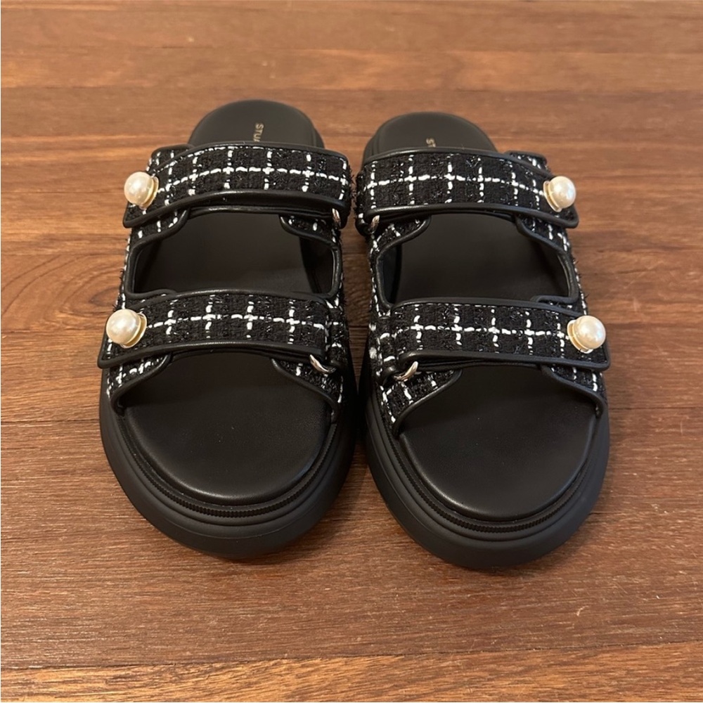 Stuart Weitzman Tweed Pearl Platform Slide Sandals Black White Size 7.5 NIB - Picture 3 of 11